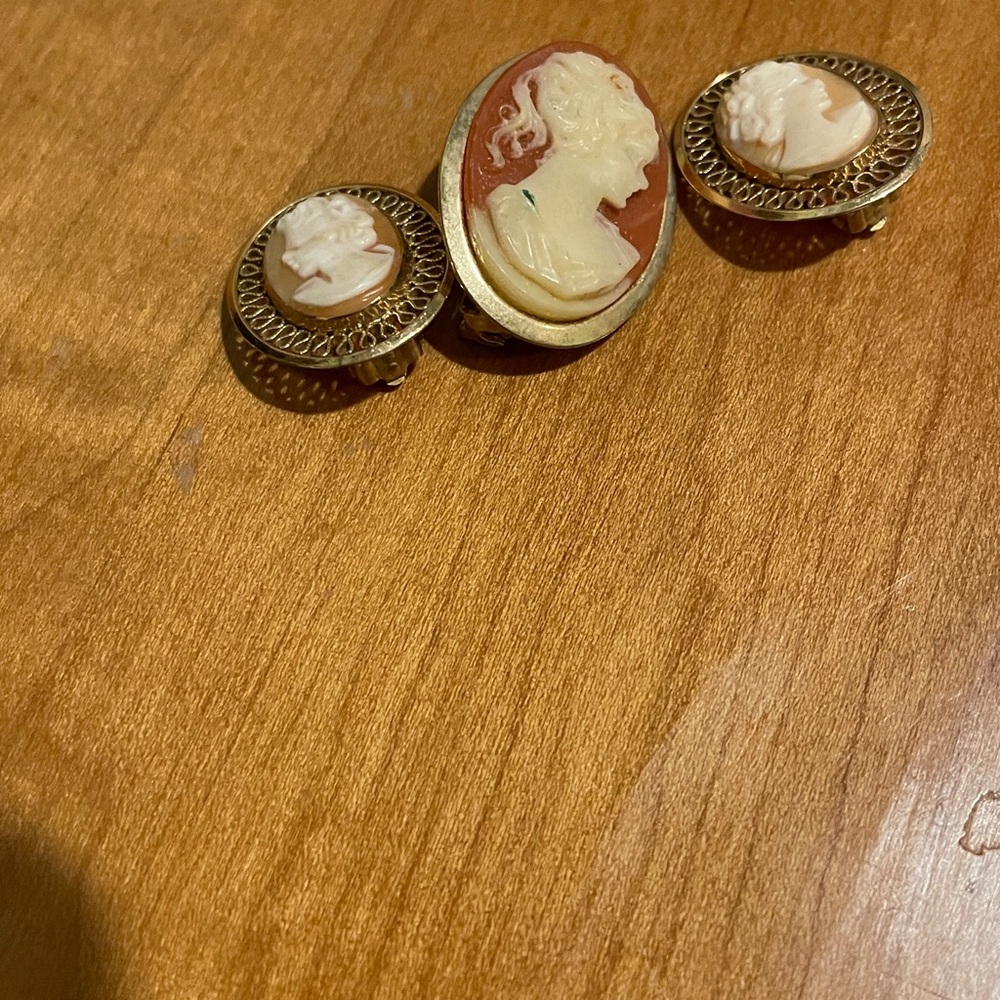 Elegant Cameo Brooch and Earring Set - Gold and Cream